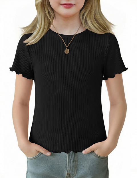 Girls Lettuce Trim Short Sleeve Ribbed Crewneck Top Slim Fit Tee - Black