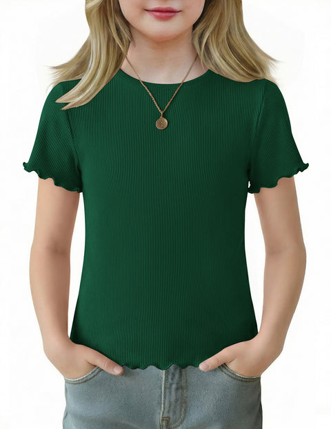 Girls Lettuce Trim Short Sleeve Ribbed Crewneck Top Slim Fit Tee - Green