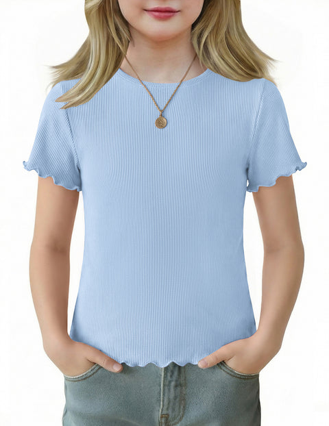 Girls Lettuce Trim Short Sleeve Ribbed Crewneck Top Slim Fit Tee - CLB
