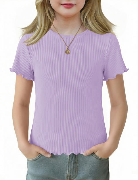 Girls Lettuce Trim Short Sleeve Ribbed Crewneck Top Slim Fit Tee - Purple