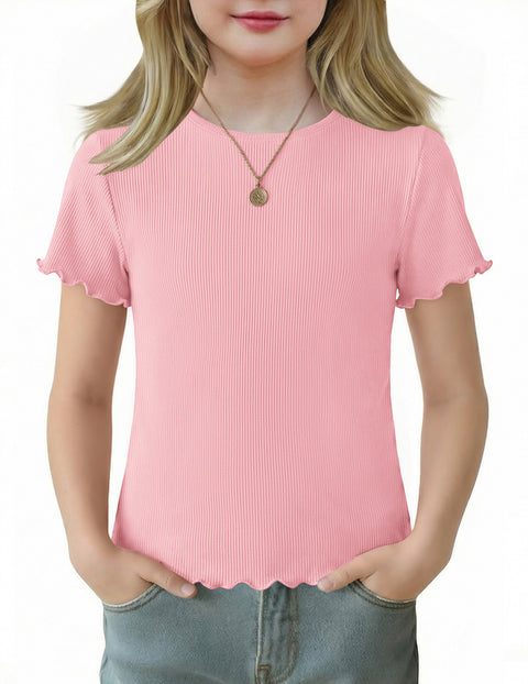 Girls Lettuce Trim Short Sleeve Ribbed Crewneck Top Slim Fit Tee - Light Pink