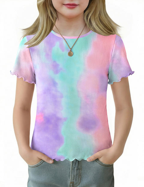 Girls Lettuce Trim Short Sleeve Ribbed Crewneck Top Slim Fit Tee - Tie Dye Purple