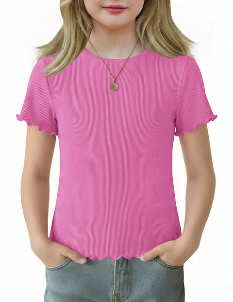 Girls Lettuce Trim Short Sleeve Ribbed Crewneck Top Slim Fit Tee - Hot Pink