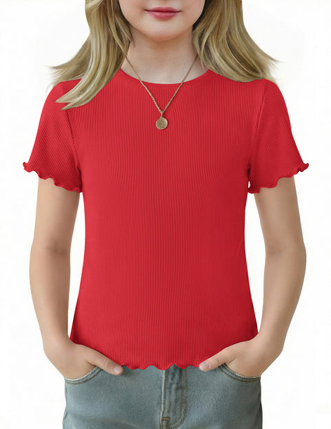 Girls Lettuce Trim Short Sleeve Ribbed Crewneck Top Slim Fit Tee - Red