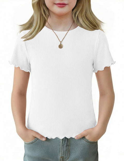 Girls Lettuce Trim Short Sleeve Ribbed Crewneck Top Slim Fit Tee - White