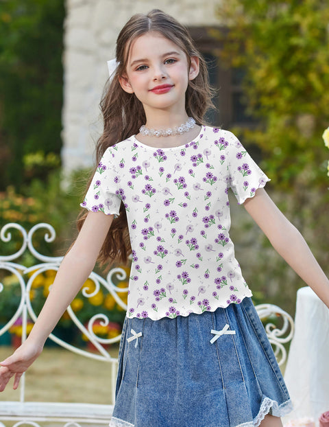 Girls Lettuce Trim Short Sleeve Ribbed Crewneck Top Slim Fit Tee - Purple Flower
