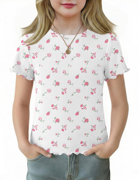 Girls Lettuce Trim Short Sleeve Ribbed Crewneck Top Slim Fit Tee - White Pink Flower