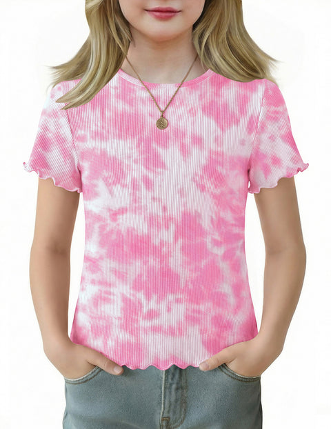 Girls Lettuce Trim Short Sleeve Ribbed Crewneck Top Slim Fit Tee - Tie Dye Pink