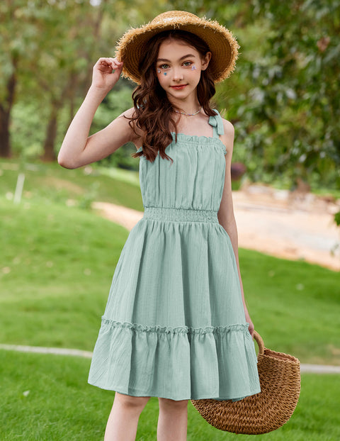 Girls Sleeveless Sundress Bow-Tie Straps Tiered Ruffle Hem Smocked Waist Dress - Ice Green