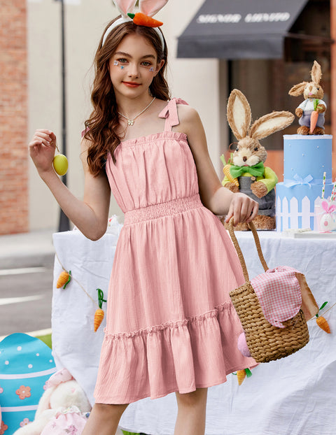 Girls Sleeveless Sundress Bow-Tie Straps Tiered Ruffle Hem Smocked Waist Dress - Light Pink
