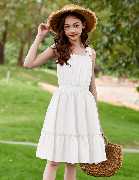 Girls Sleeveless Sundress Bow-Tie Straps Tiered Ruffle Hem Smocked Waist Dress - White
