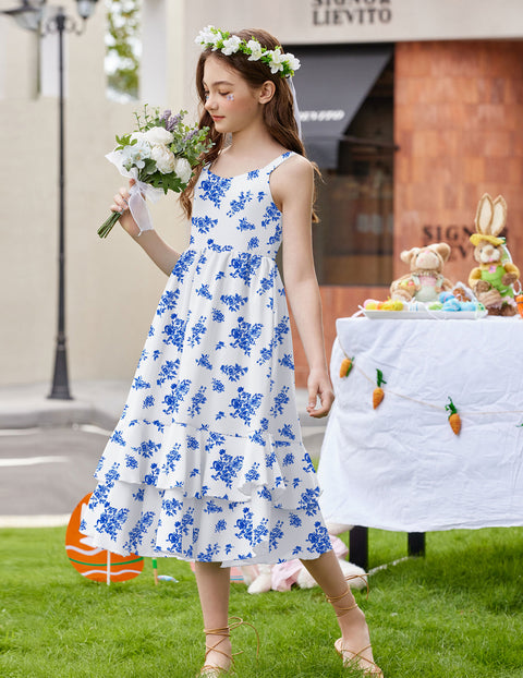 Girls Cami Sundress Ruffle Hem Sleeveless Summer Dress with Pockets - Blue Floral