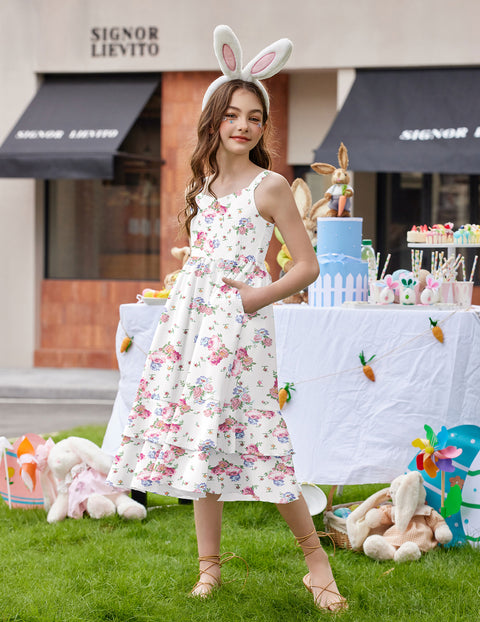 Girls Cami Sundress Ruffle Hem Sleeveless Summer Dress with Pockets - Pink Floral