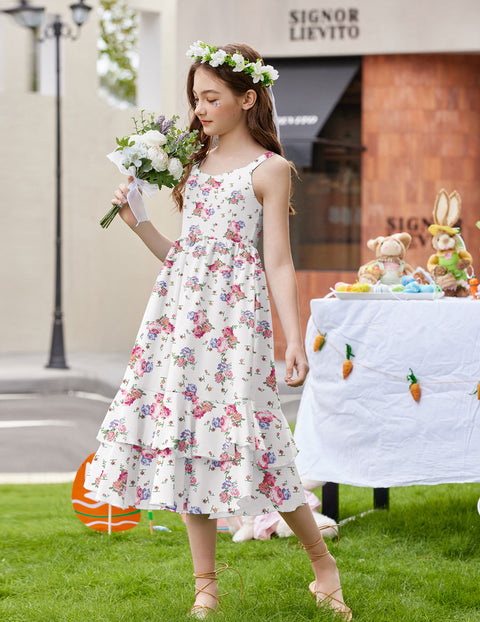 Girls Cami Sundress Ruffle Hem Sleeveless Summer Dress with Pockets - BH83