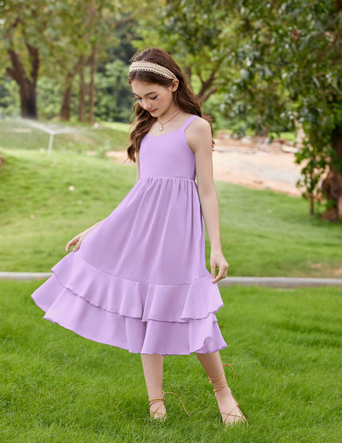 Girls Cami Sundress Ruffle Hem Sleeveless Summer Dress with Pockets - Light Purple