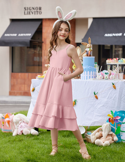 Girls Cami Sundress Ruffle Hem Sleeveless Summer Dress with Pockets - Light Pink