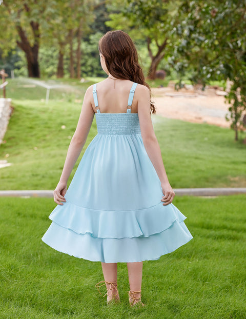 Girls Cami Sundress Ruffle Hem Sleeveless Summer Dress with Pockets - Light Blue