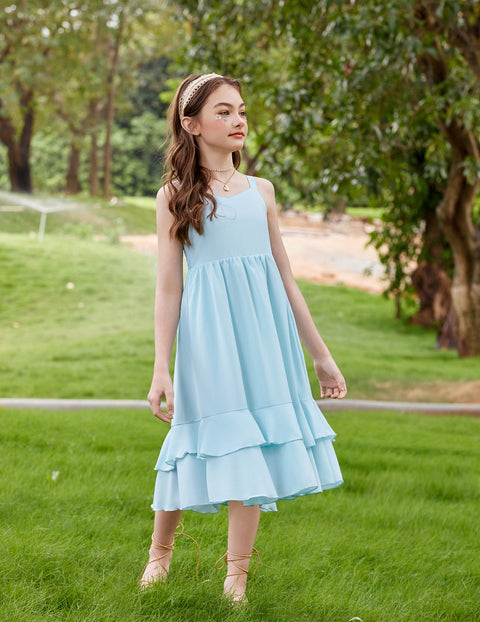 Girls Cami Sundress Ruffle Hem Sleeveless Summer Dress with Pockets - Light Blue
