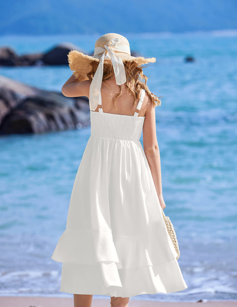Girls Cami Sundress Ruffle Hem Sleeveless Summer Dress with Pockets - White