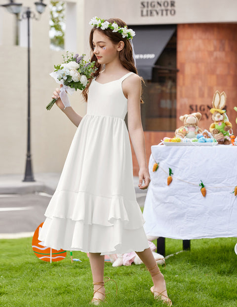 Girls Cami Sundress Ruffle Hem Sleeveless Summer Dress with Pockets - White