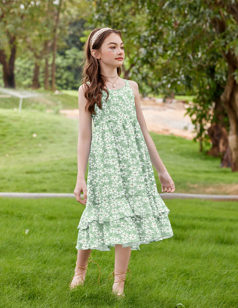 Girls Cami Sundress Ruffle Hem Sleeveless Summer Dress with Pockets - White Floral
