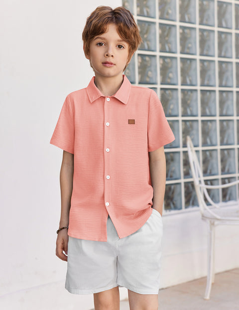 Boys Linen-Texture Button Down Shirt with Leather Patch