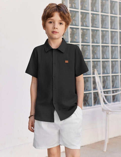 Boys Linen-Texture Button Down Shirt with Leather Patch