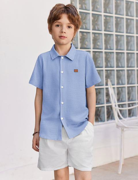Boys Linen-Texture Button Down Shirt with Leather Patch
