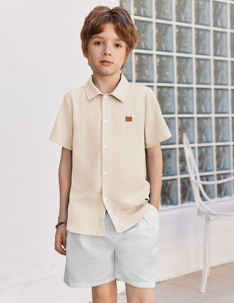 Boys Linen-Texture Button Down Shirt with Leather Patch