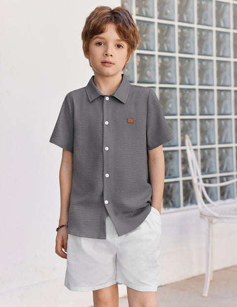 Boys Linen-Texture Button Down Shirt with Leather Patch