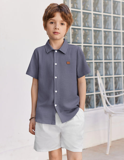 Boys Linen-Texture Button Down Shirt with Leather Patch