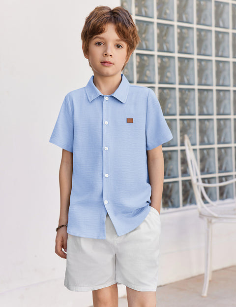Boys Linen-Texture Button Down Shirt with Leather Patch
