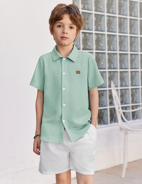Boys Linen-Texture Button Down Shirt with Leather Patch