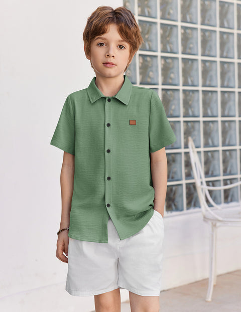 Boys Linen-Texture Button Down Shirt with Leather Patch