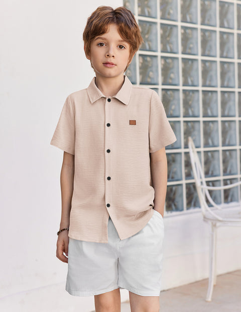 Boys Linen-Texture Button Down Shirt with Leather Patch