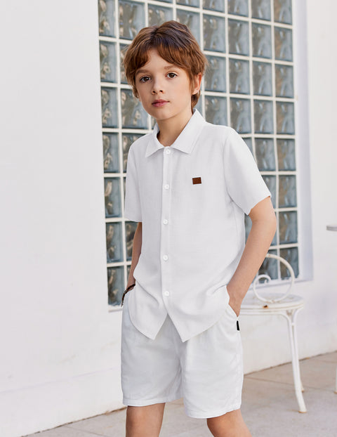Boys Linen-Texture Button Down Shirt with Leather Patch
