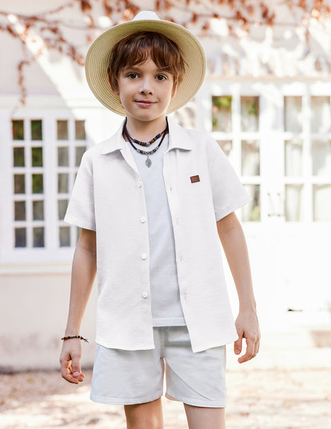 Boys Linen-Texture Button Down Shirt with Leather Patch
