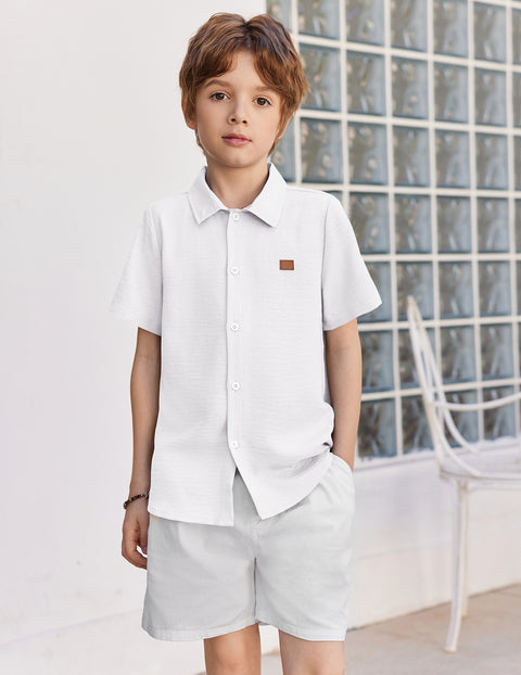Boys Linen-Texture Button Down Shirt with Leather Patch