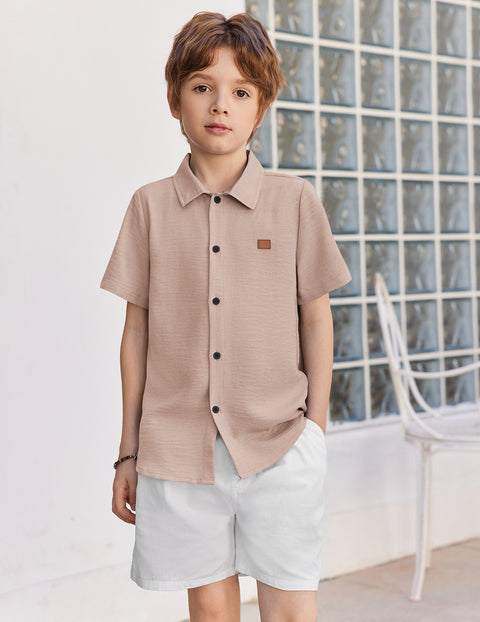 Boys Linen-Texture Button Down Shirt with Leather Patch
