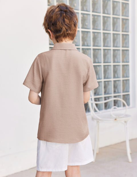 Boys Linen-Texture Button Down Shirt with Leather Patch