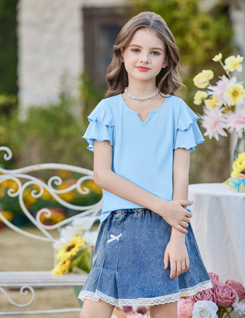 Girls Ruffle Sleeve V-Neck Short Sleeve T-Shirt Summer Top - Light Blue