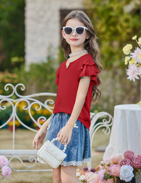 Girls Ruffle Sleeve V-Neck Short Sleeve T-Shirt Summer Top - Red
