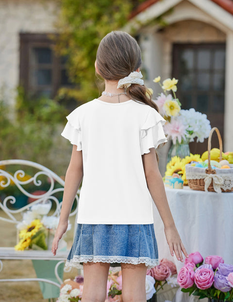 Girls Ruffle Sleeve V-Neck Short Sleeve T-Shirt Summer Top - White