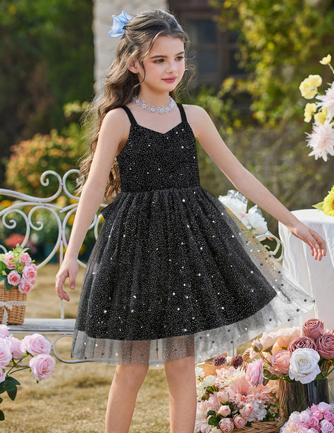 Toddler Girls Tulle Tutu Dress Floral Embroidery Bowknot Princess Birthday Dress - Black Star