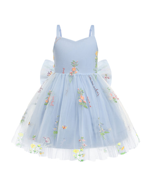 Toddler Girls Tulle Tutu Dress Floral Embroidery Bowknot Princess Birthday Dress - Blue Floral