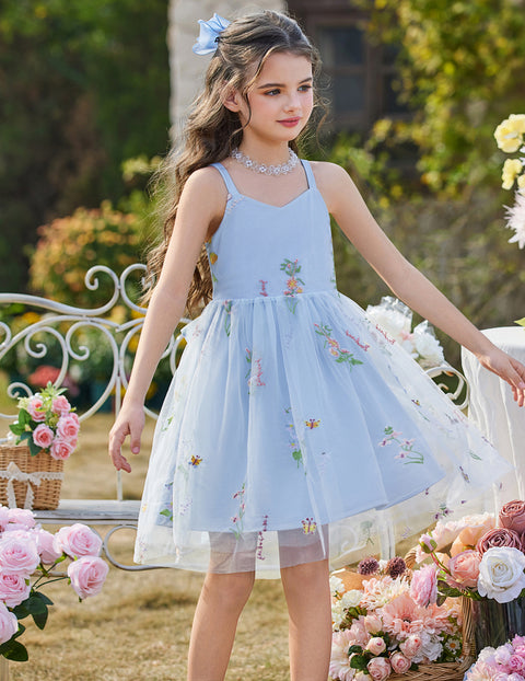 Toddler Girls Tulle Tutu Dress Floral Embroidery Bowknot Princess Birthday Dress - Blue Floral