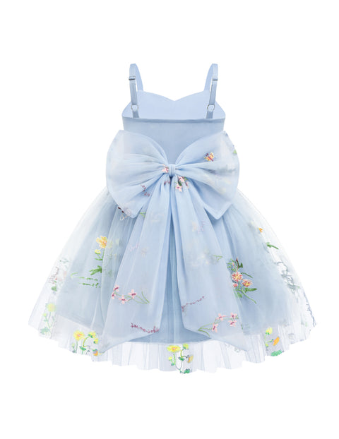 Toddler Girls Tulle Tutu Dress Floral Embroidery Bowknot Princess Birthday Dress - Blue Floral