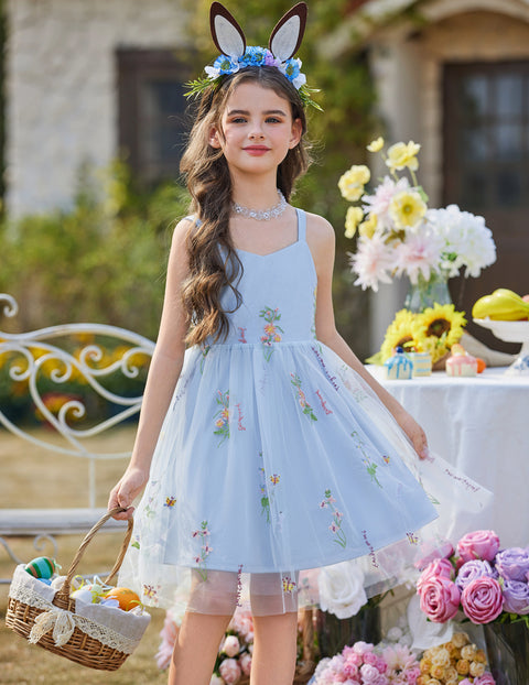 Toddler Girls Tulle Tutu Dress Floral Embroidery Bowknot Princess Birthday Dress - Blue Floral