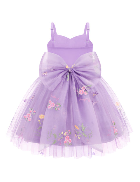 Toddler Girls Tulle Tutu Dress Floral Embroidery Bowknot Princess Birthday Dress - Purple Floral