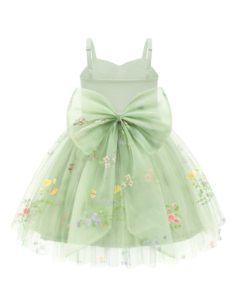 Toddler Girls Tulle Tutu Dress Floral Embroidery Bowknot Princess Birthday Dress - Green Floral